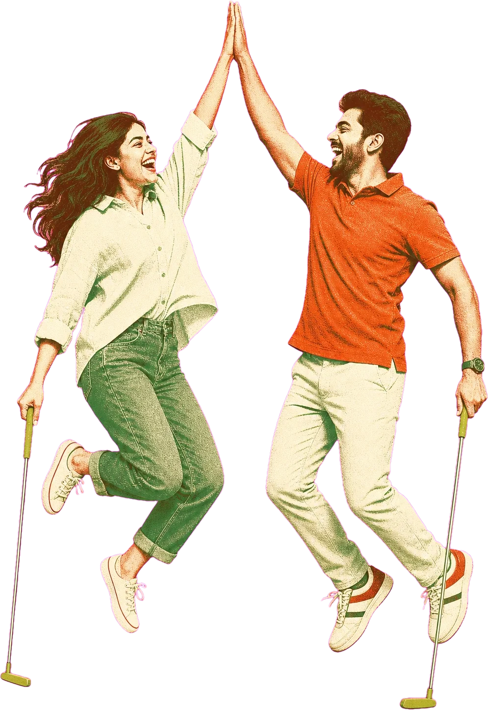 Two friends high-fiving after a putt at a birthday party at Putt House Ahmedabad