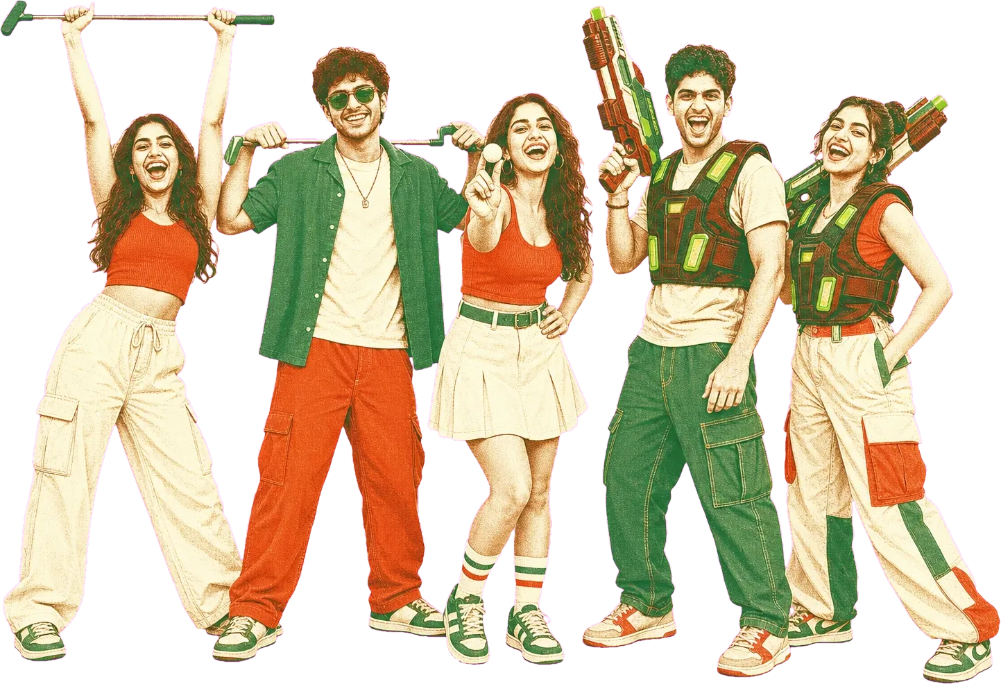 Group of friends celebrating with putters and blasters at Putt House Ahmedabad