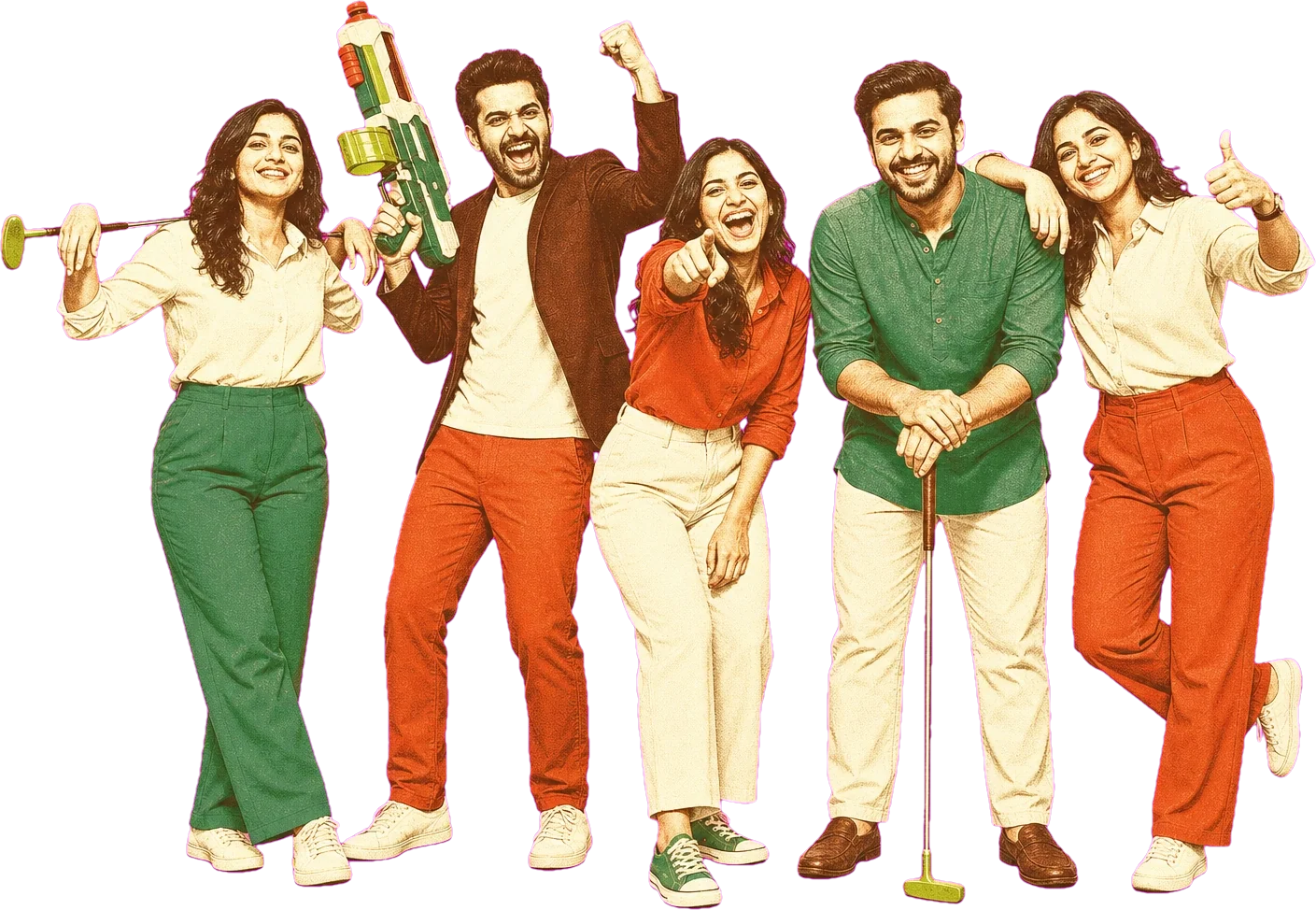 Office team holding putters and a laser tag blaster at Putt House Ahmedabad