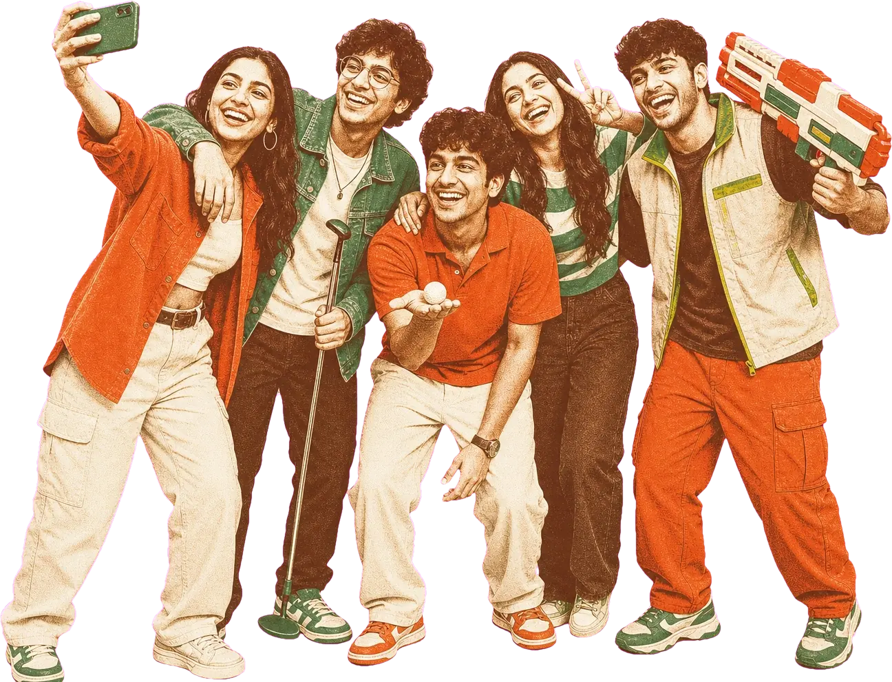 Illustrated group of five friends taking a selfie with a putter, a golf ball and a laser tag blaster at Putt House Ahmedabad