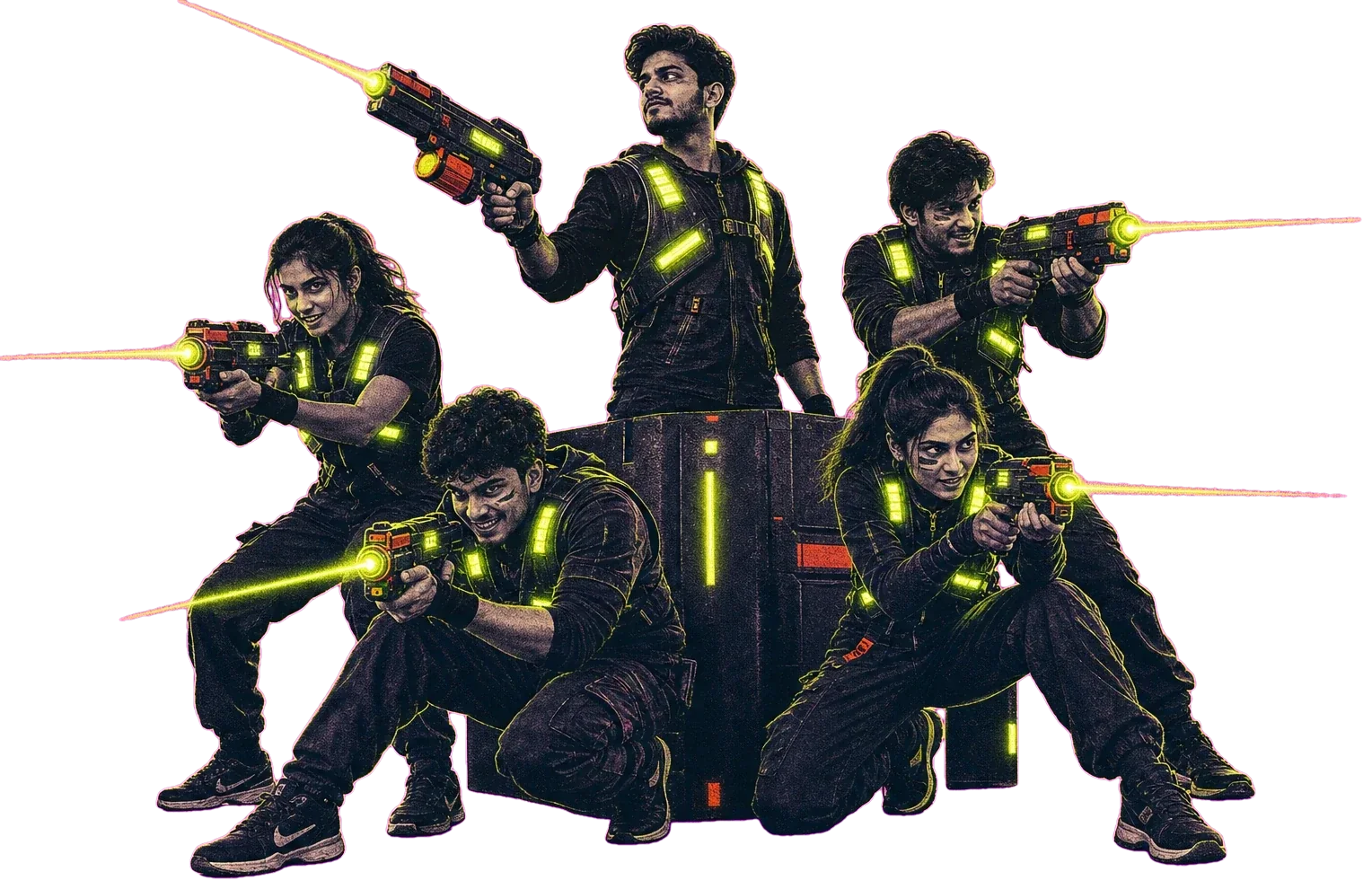 Five laser tag players in glowing neon vests with blasters ready at Putt House Ahmedabad
