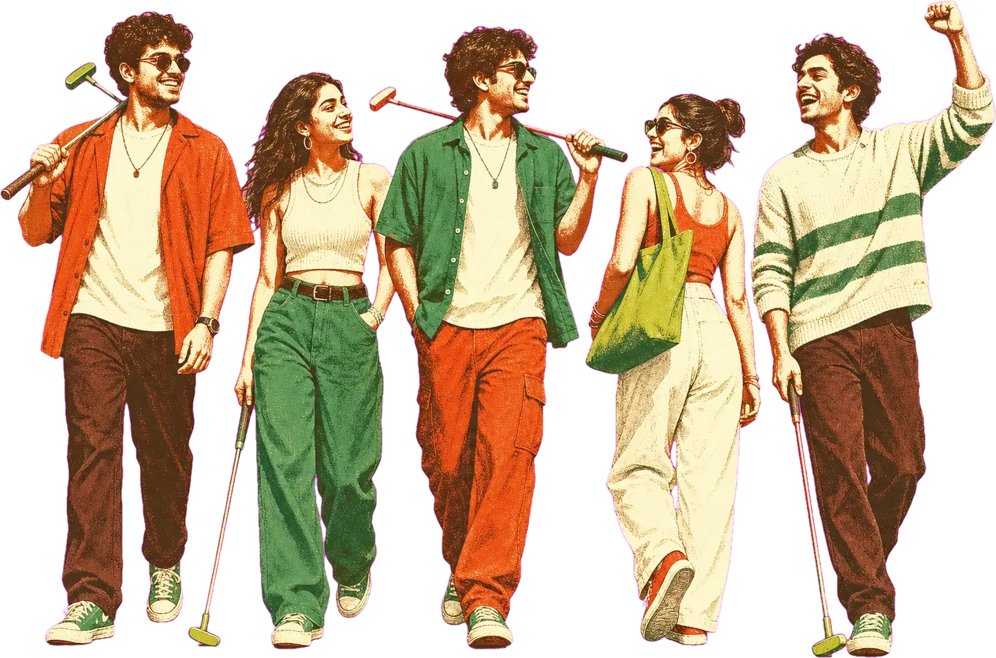 Five friends walking with putters past the striped tents of the Carnival Walk mini golf course, Putt House Ahmedabad