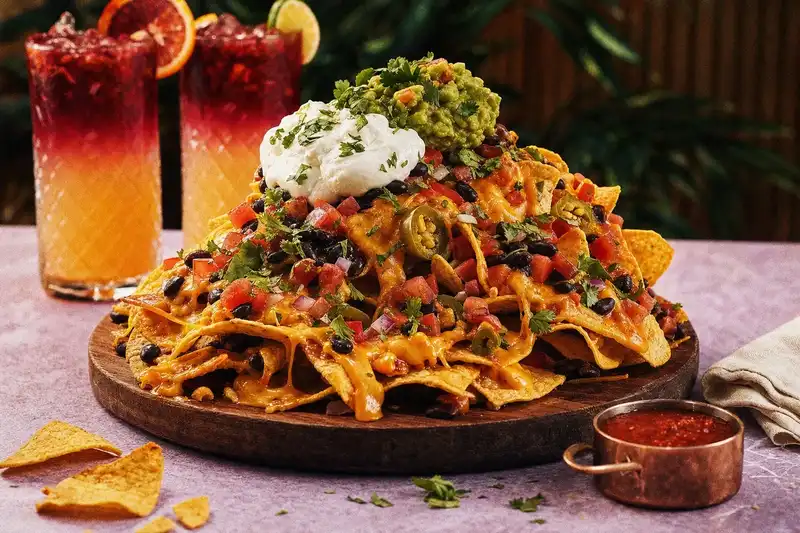 Loaded nachos with guacamole, sour cream and salsa on a wooden board with two mocktails behind, on a lilac table at Offcut Café
