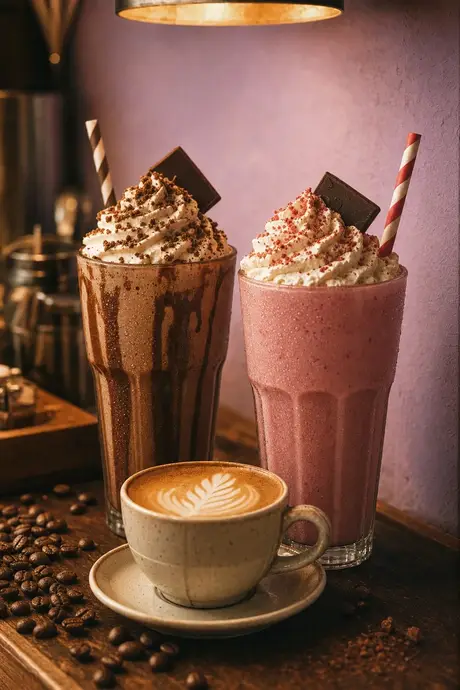 Chocolate and strawberry thick shakes beside a cappuccino with leaf latte art at Offcut Café, Putt House Ahmedabad