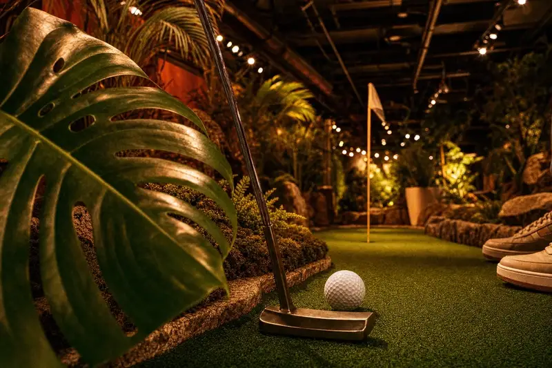 Putter behind a golf ball on the Jungle Quest turf, a monstera leaf in the foreground and the flag down the lane
