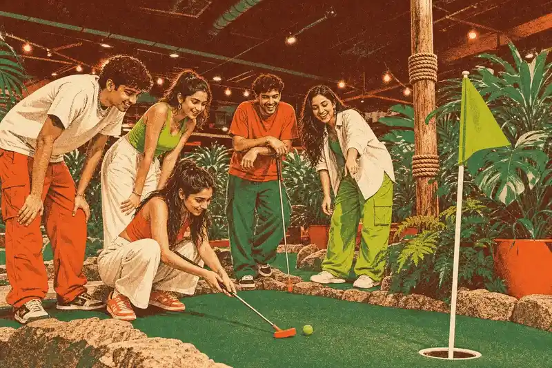 Riso illustration of five friends crouched around one putt on the Jungle Quest mini golf course at Putt House Ahmedabad