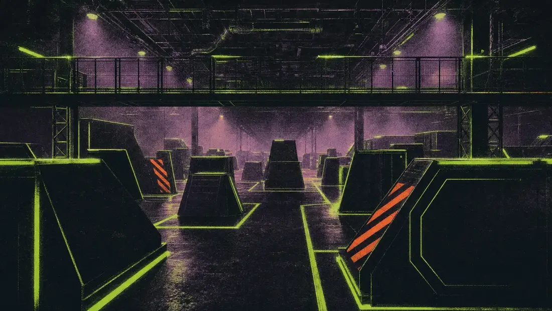 The empty Putt House laser tag arena in Ahmedabad, cover blocks receding, a steel mezzanine walkway and lime edge lighting through haze