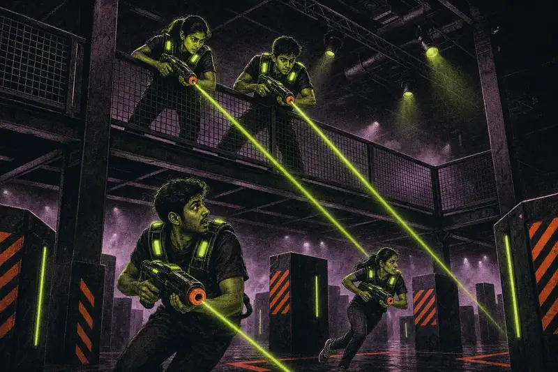 Neon riso illustration of a laser tag squad split across two levels, two players firing from the mezzanine rail and two sprinting below