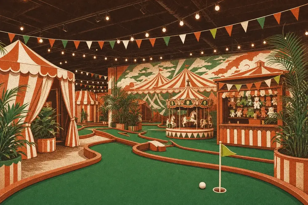 The Carnival Walk course with no players, striped tents, a prize stall and a painted big-top mural
