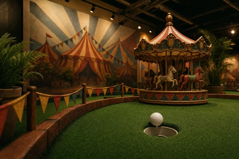 Golf ball on the lip of the cup beside a miniature carousel prop, the painted big-top mural behind it