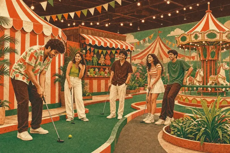 Riso illustration of five friends celebrating a putt beside a striped prize stall in the Carnival Walk at Putt House Ahmedabad