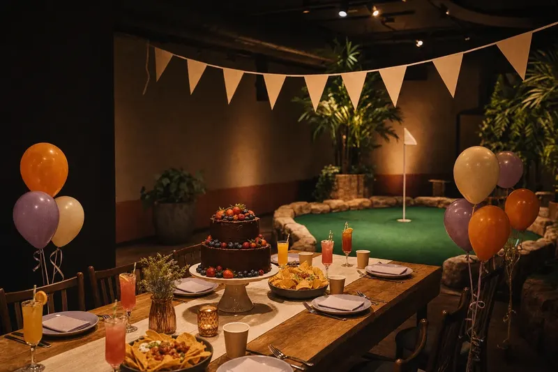 A party table set with a two-tier chocolate cake, mocktails, nachos, balloons and blank bunting, a mini golf lane and flag behind it