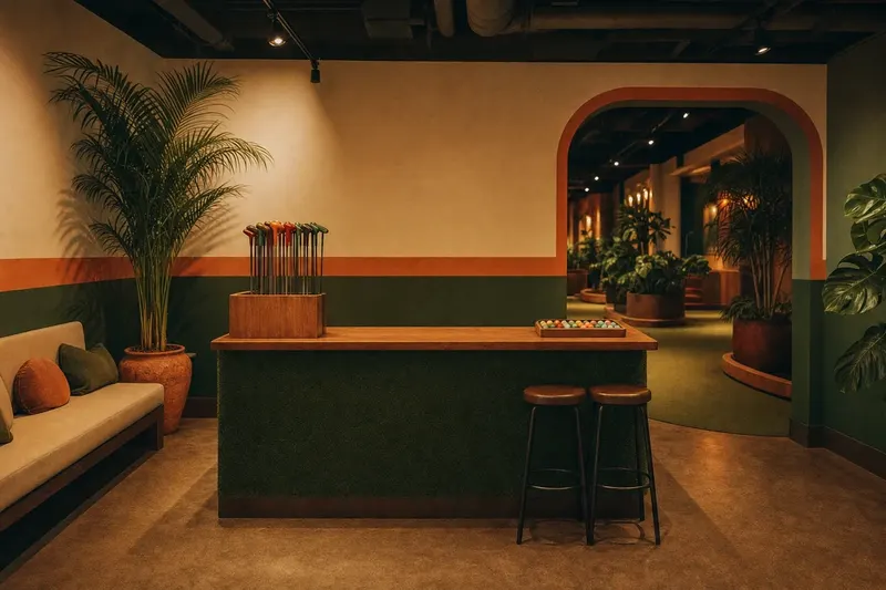 The Putt House welcome counter faced with turf panels, a putter caddy, a tray of coloured golf balls and a cream waiting bench