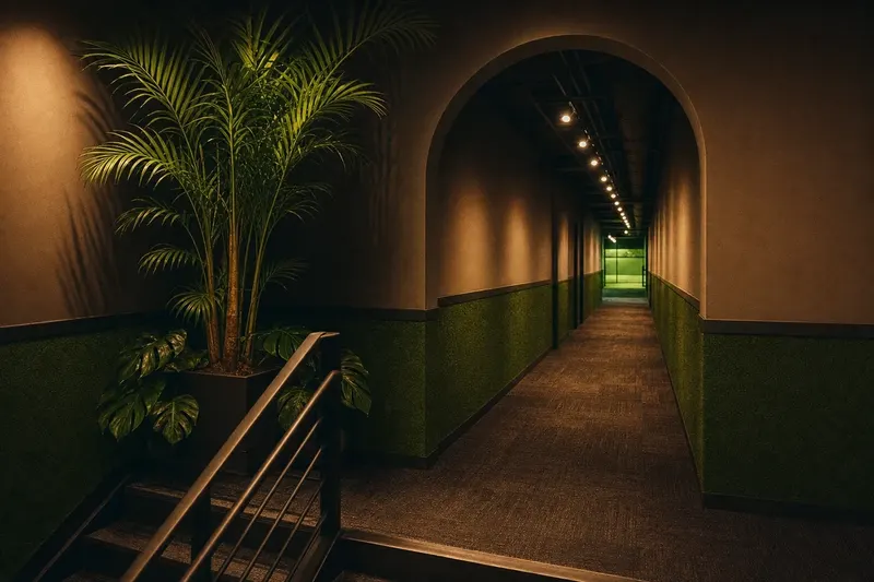 Stairs and a black steel handrail rising to the first-floor landing at Putt House, turf-panelled corridor and spotlights beyond