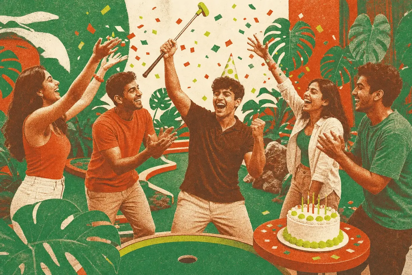 Illustrated group celebrating together on the mini golf turf at Putt House Ahmedabad