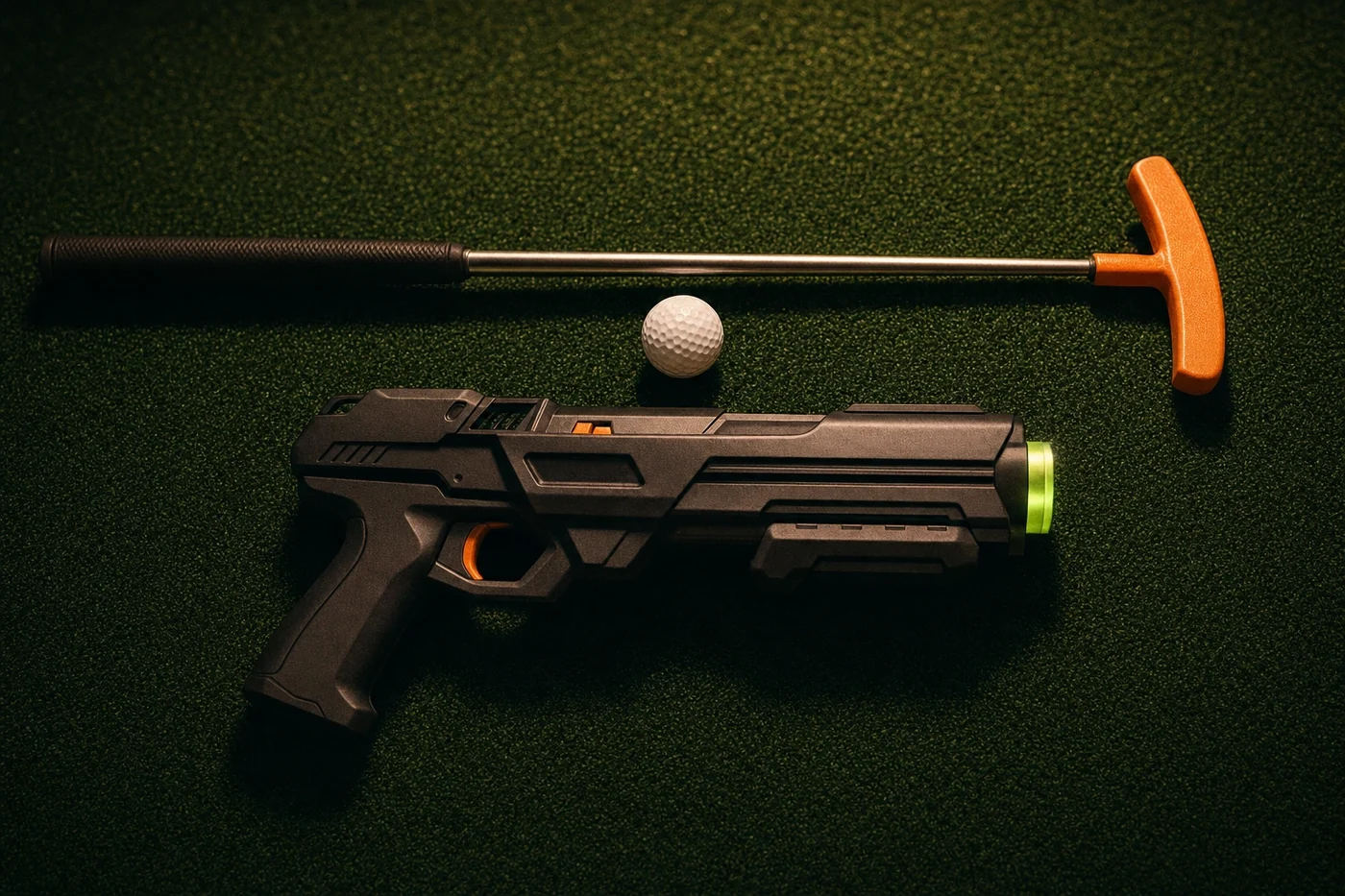 A mini golf putter and a laser tag blaster laid side by side on the turf with a golf ball between them at Putt House Ahmedabad
