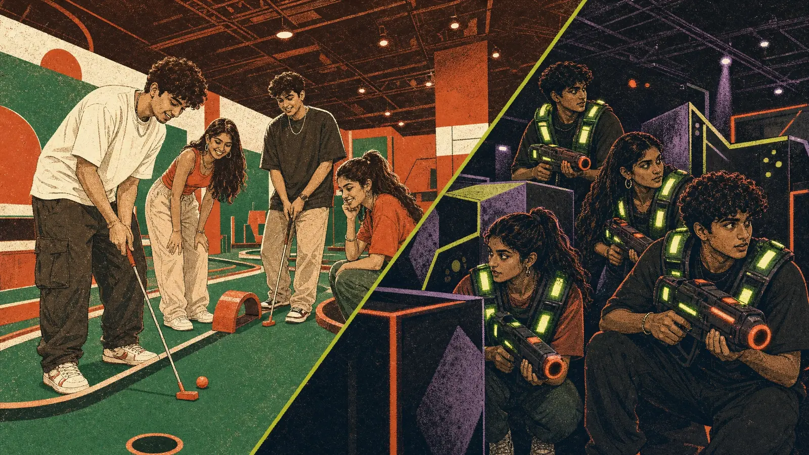 Split illustration of the same four friends putting on the mini golf course and then crouched behind cover in the laser tag arena at Putt House Ahmedabad