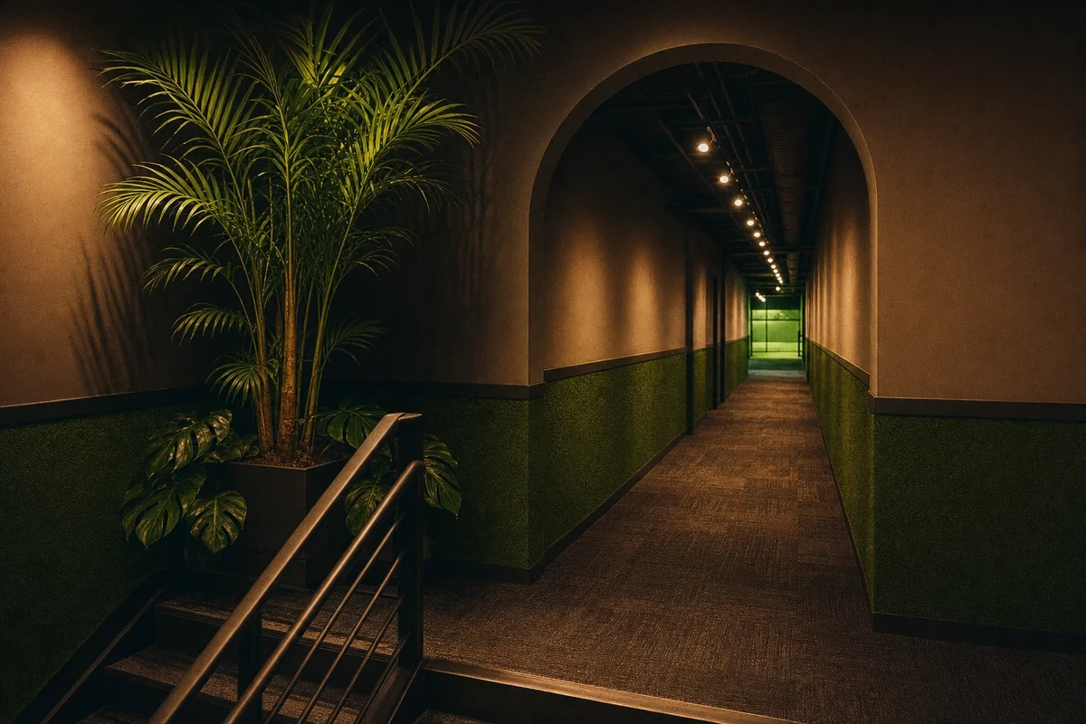 The first-floor landing at Putt House, stairs rising to a turf-panelled corridor lit toward the arena entrance
