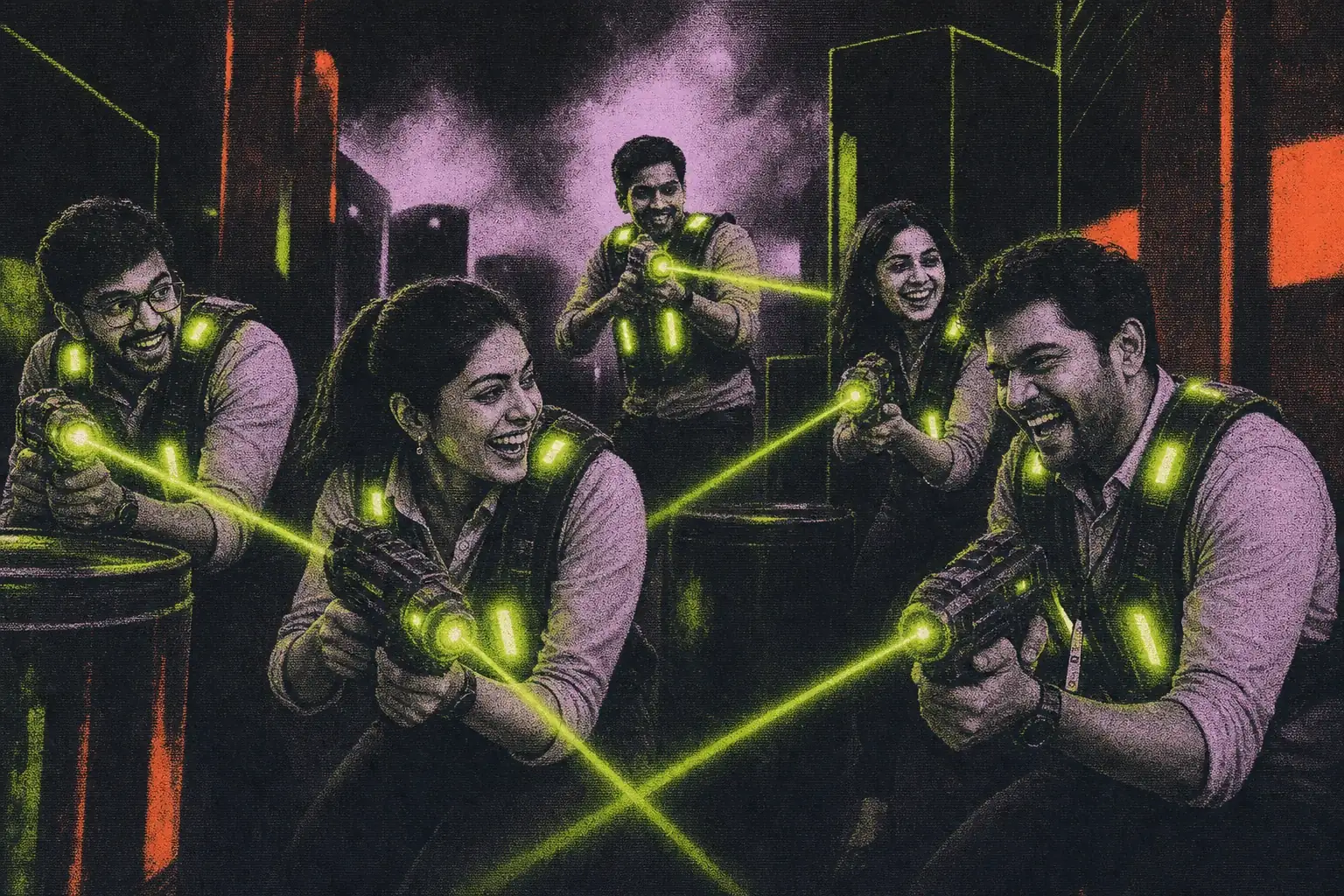 Office team mid battle in the laser tag arena at Putt House Ahmedabad