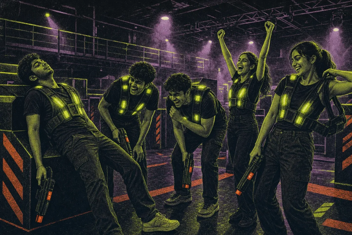 Five friends laughing in the seconds after the buzzer in the Putt House laser tag arena, vests still glowing, one slumped against a cover block