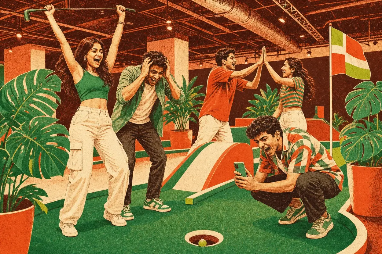 Five friends reacting at once as a putt drops on the indoor mini golf course at Putt House Ahmedabad, one with the putter raised overhead and one filming the hole