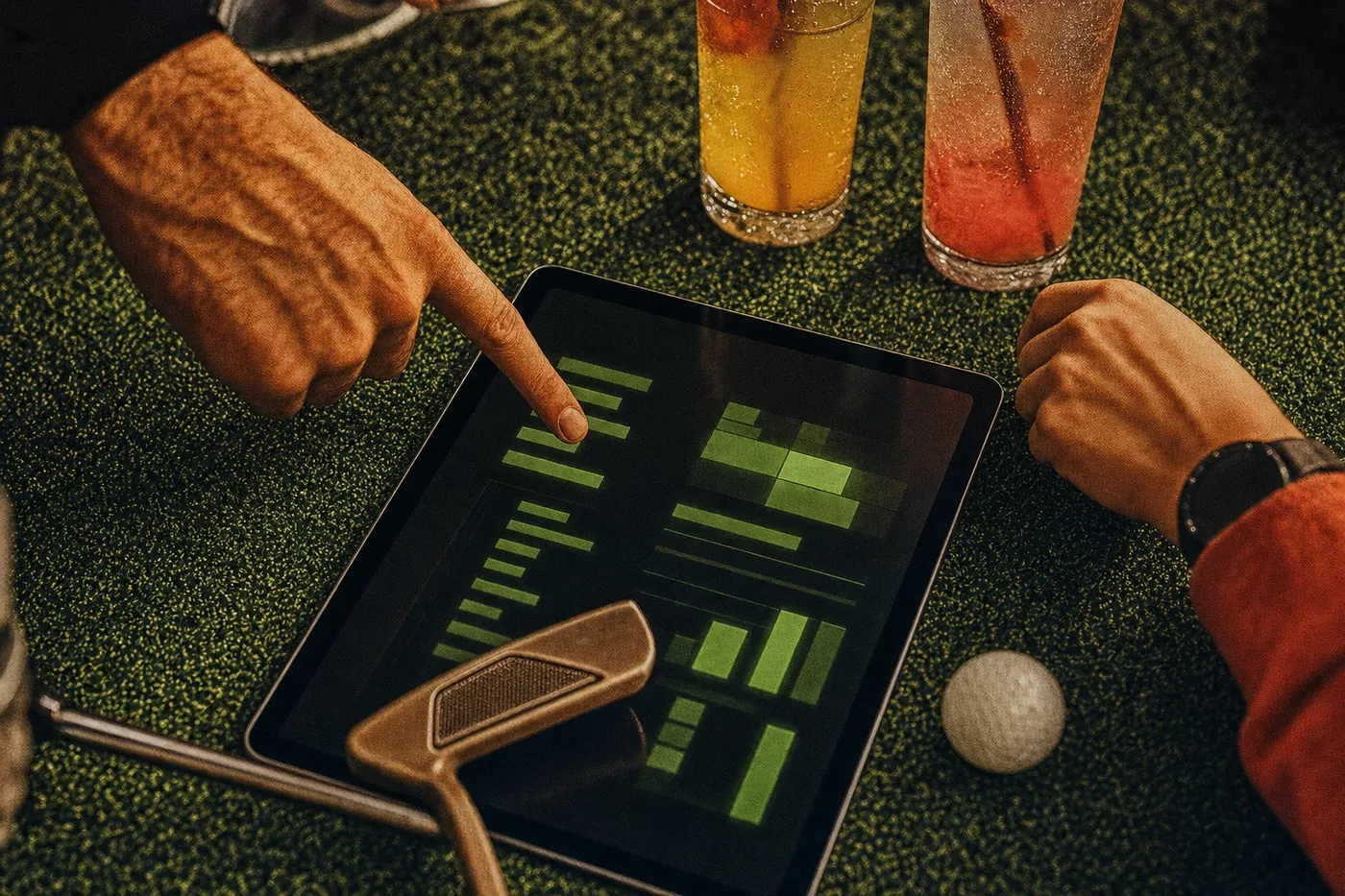 Friends leaning over a digital scorecard on the turf at Putt House Ahmedabad, a putter, a golf ball and two mocktails beside it