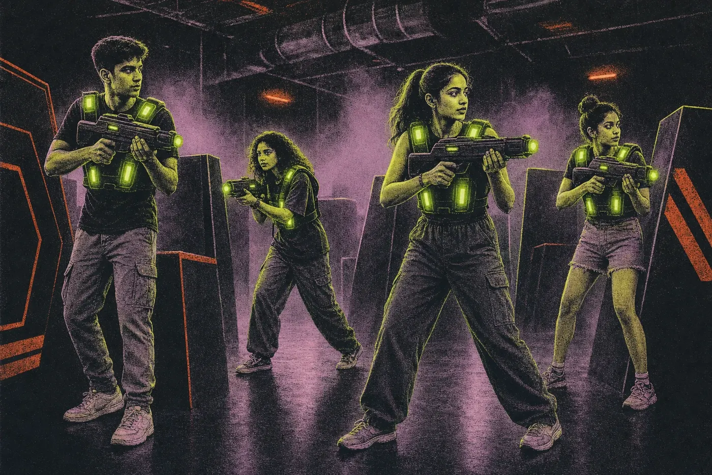 Four friends crouched behind a cover block setting an ambush, one signalling for quiet, vests glowing lime in the Putt House laser tag arena