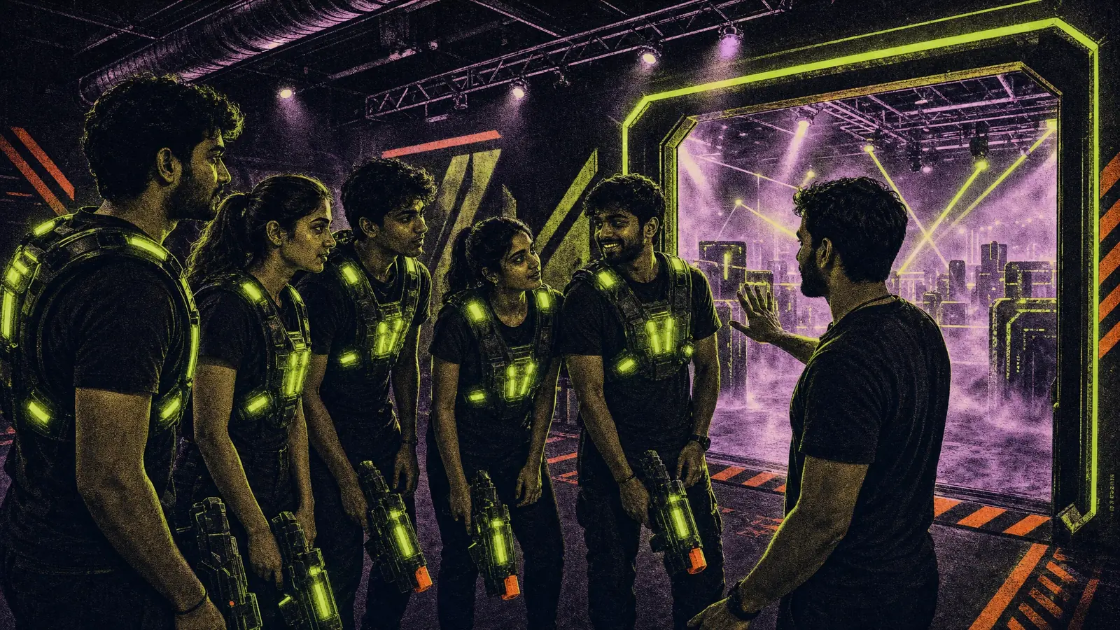 A squad in vests listening to the pre-battle briefing outside the arena doorway at Putt House Ahmedabad