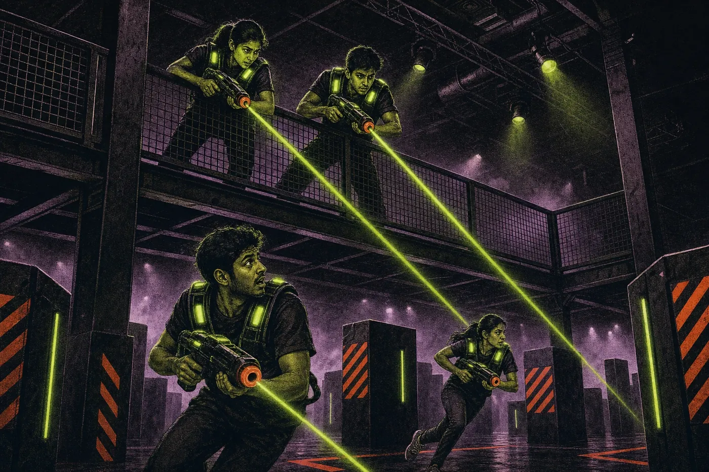 Two players firing down from the mezzanine walkway while two more sprint between cover blocks below in the Putt House laser tag arena