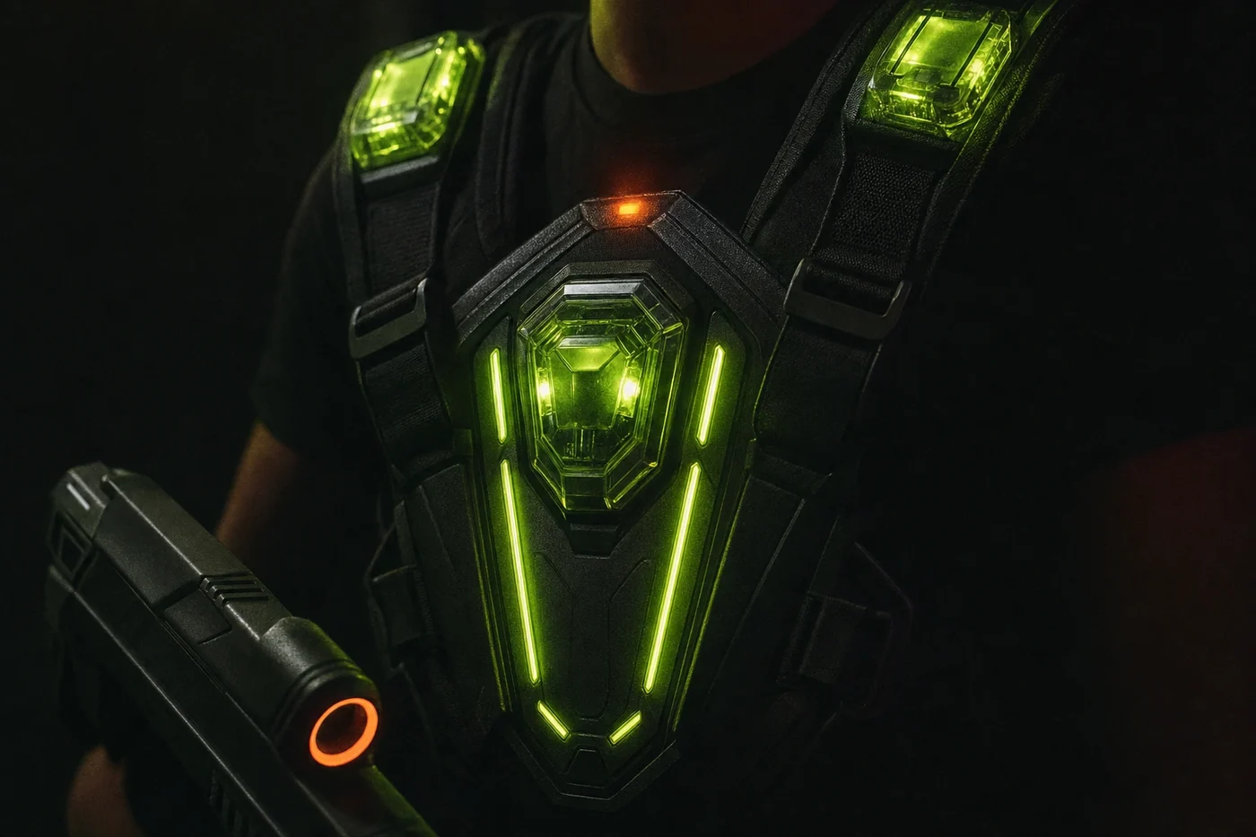 Close view of a laser tag sensor vest, its shoulder and chest pods glowing lime in the dark arena at Putt House Ahmedabad