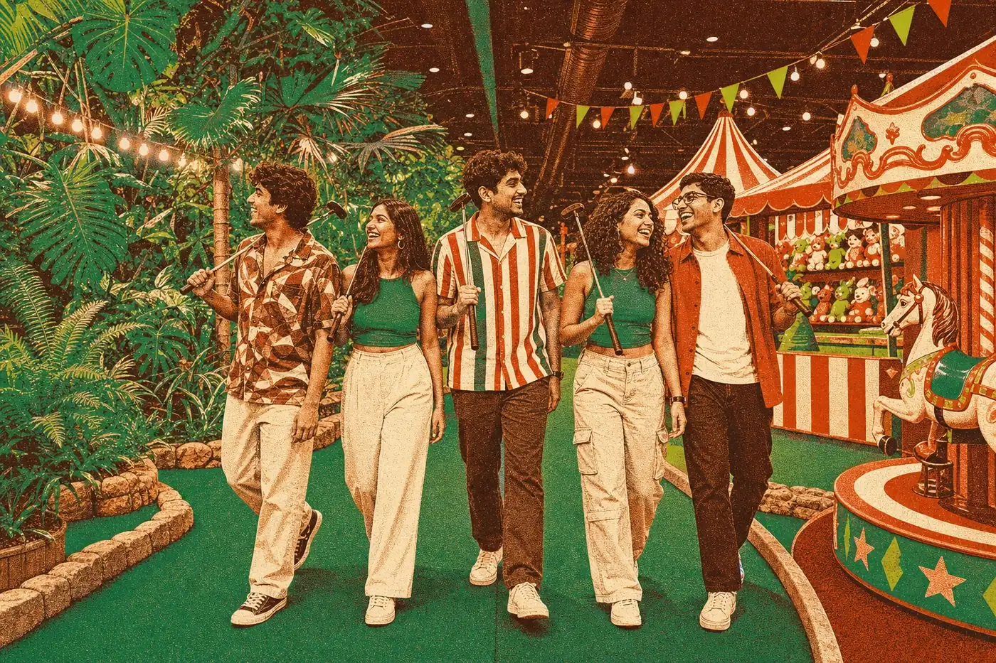 Friends crossing from the Jungle Quest into the Carnival Walk at Putt House Ahmedabad