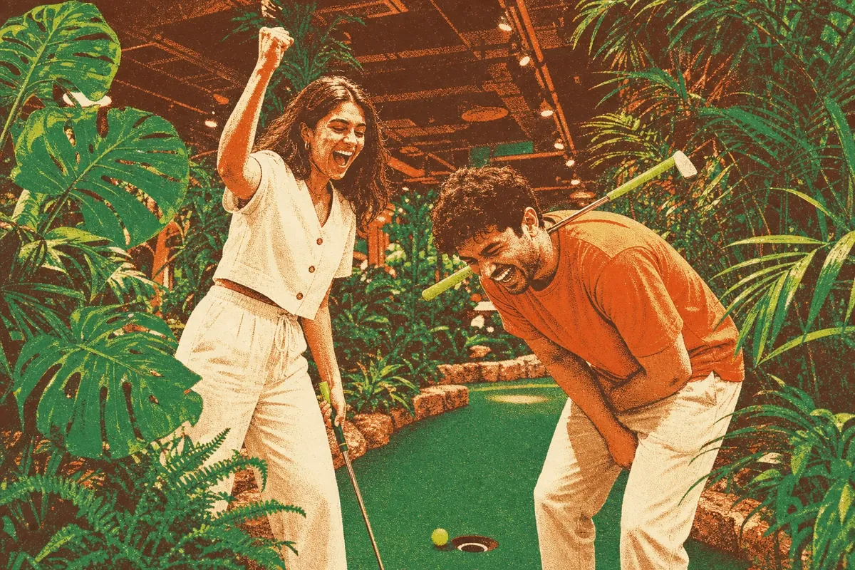 Two friends laughing at a Jungle Quest hole as the ball drops, monstera and ferns crowding the frame