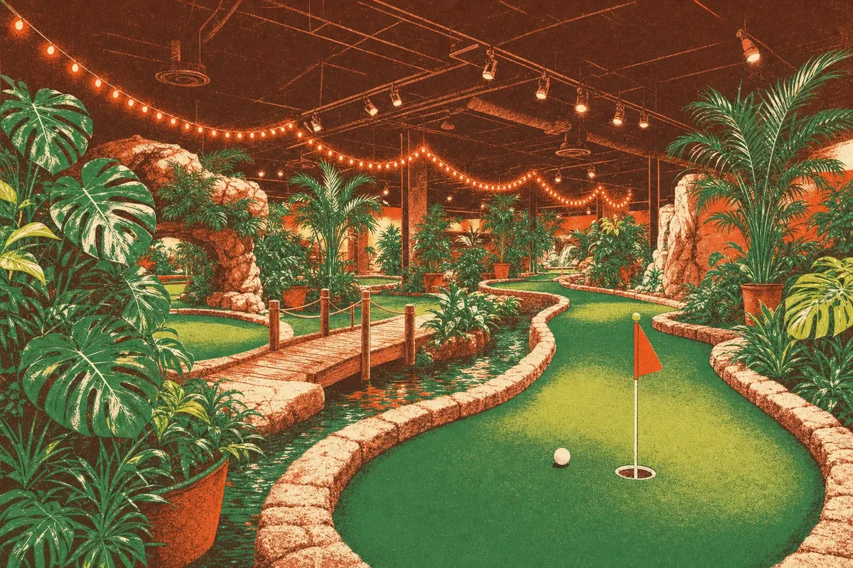 The Jungle Quest course from the lane: turf curving past stone edging, monstera and palms, a timber bridge and a flag in the cup