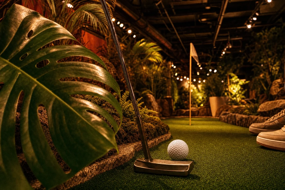 A putter lining up a shot on the turf at Putt House Ahmedabad
