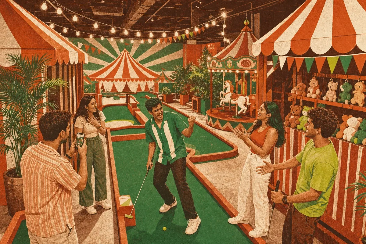 Five friends reacting on the Carnival Walk course as one of them celebrates a putt beside a striped prize stall, bunting strung overhead