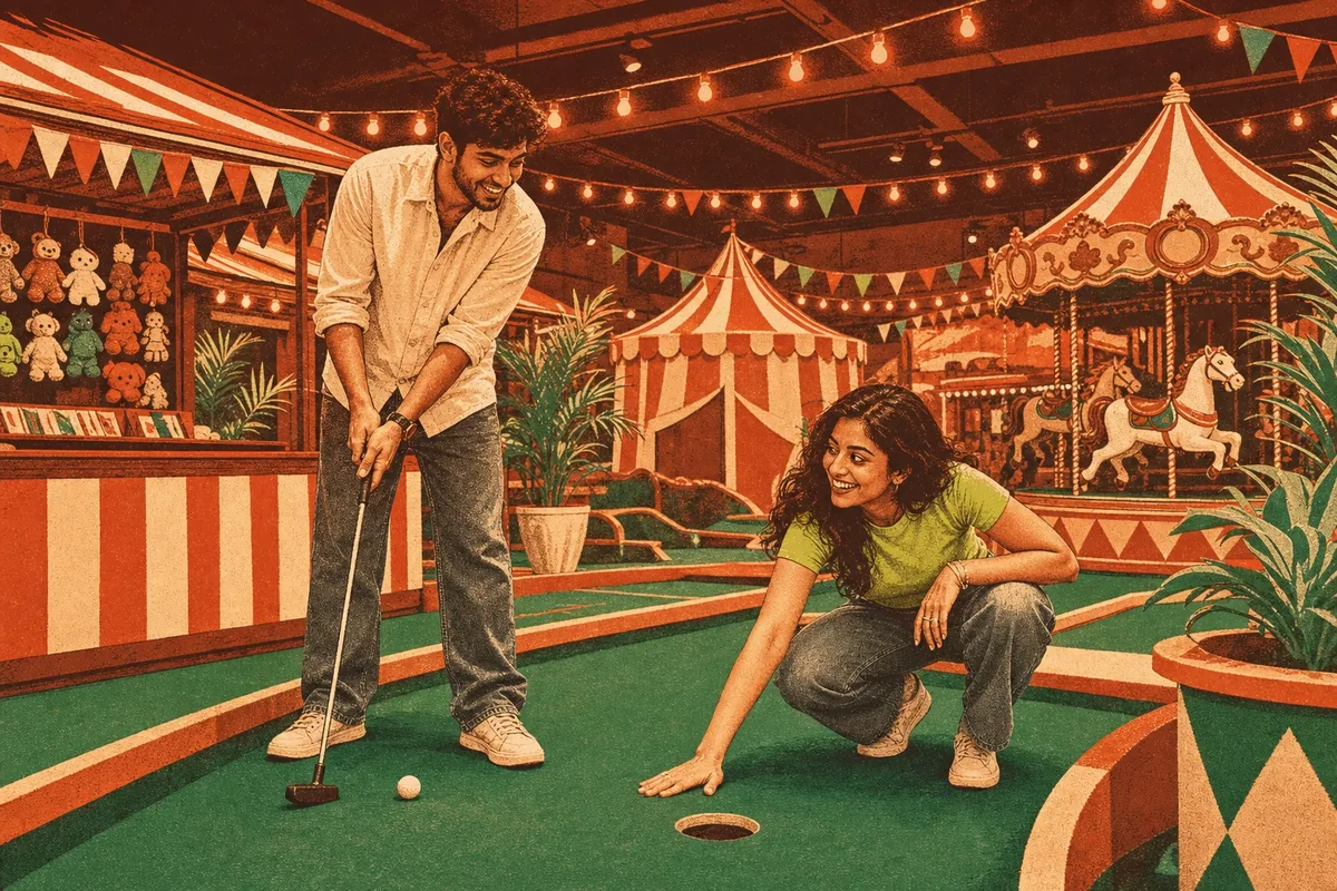 Two friends at a Carnival Walk hole under strung festoon lights, one putting while the other guards the cup with a hand