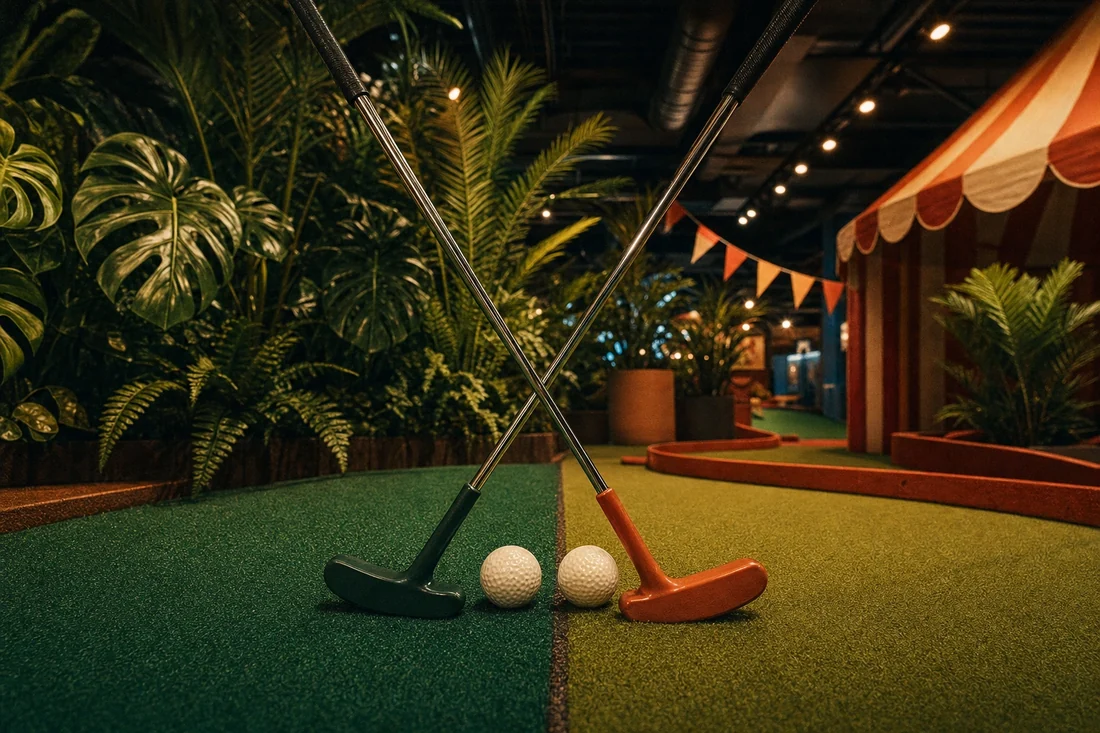 Two putters crossed with two balls on the turf seam where jungle ferns meet the carnival bunting
