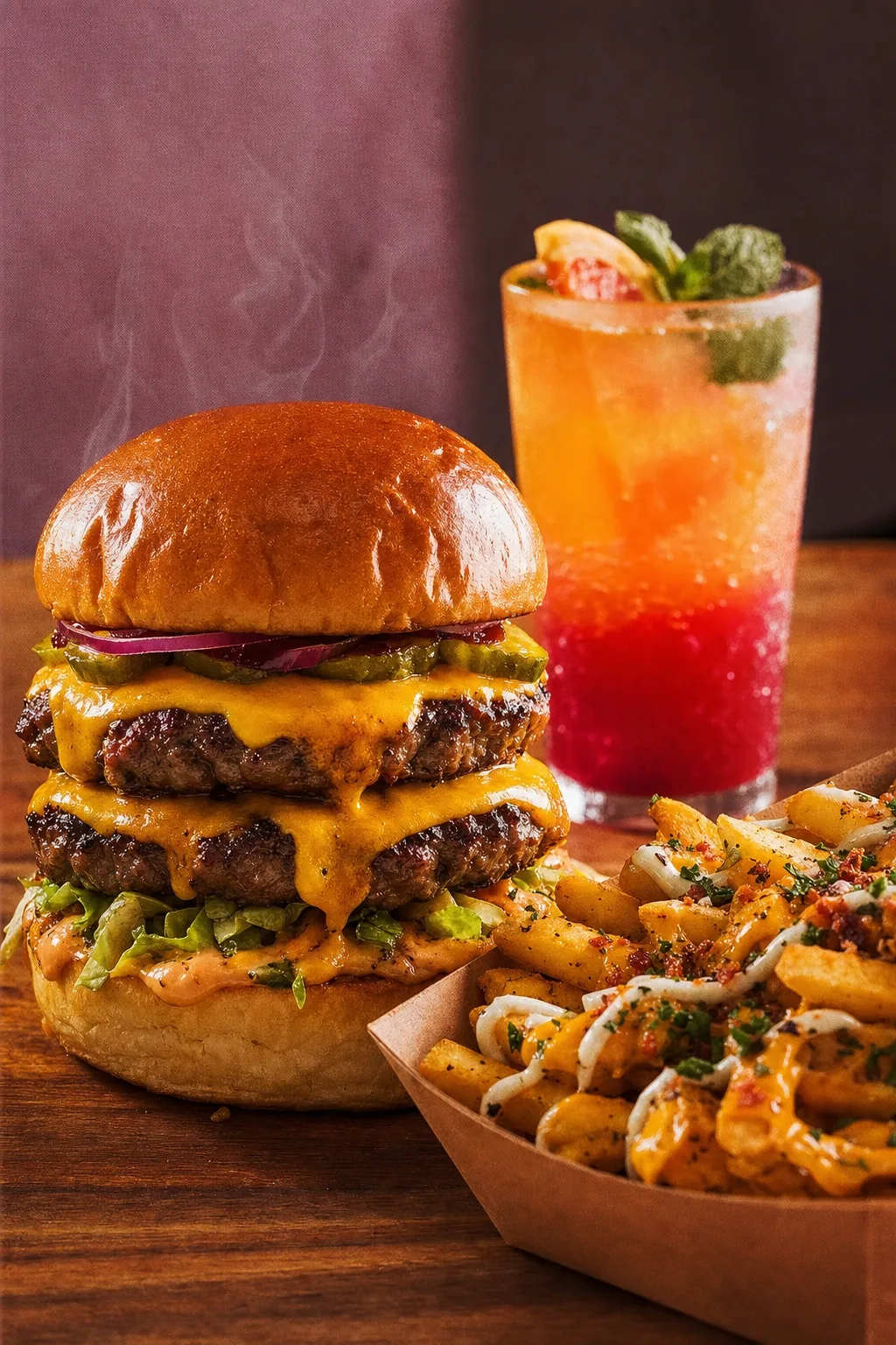 A double cheeseburger, loaded fries, and a mocktail from the Offcut Café menu at Putt House Ahmedabad