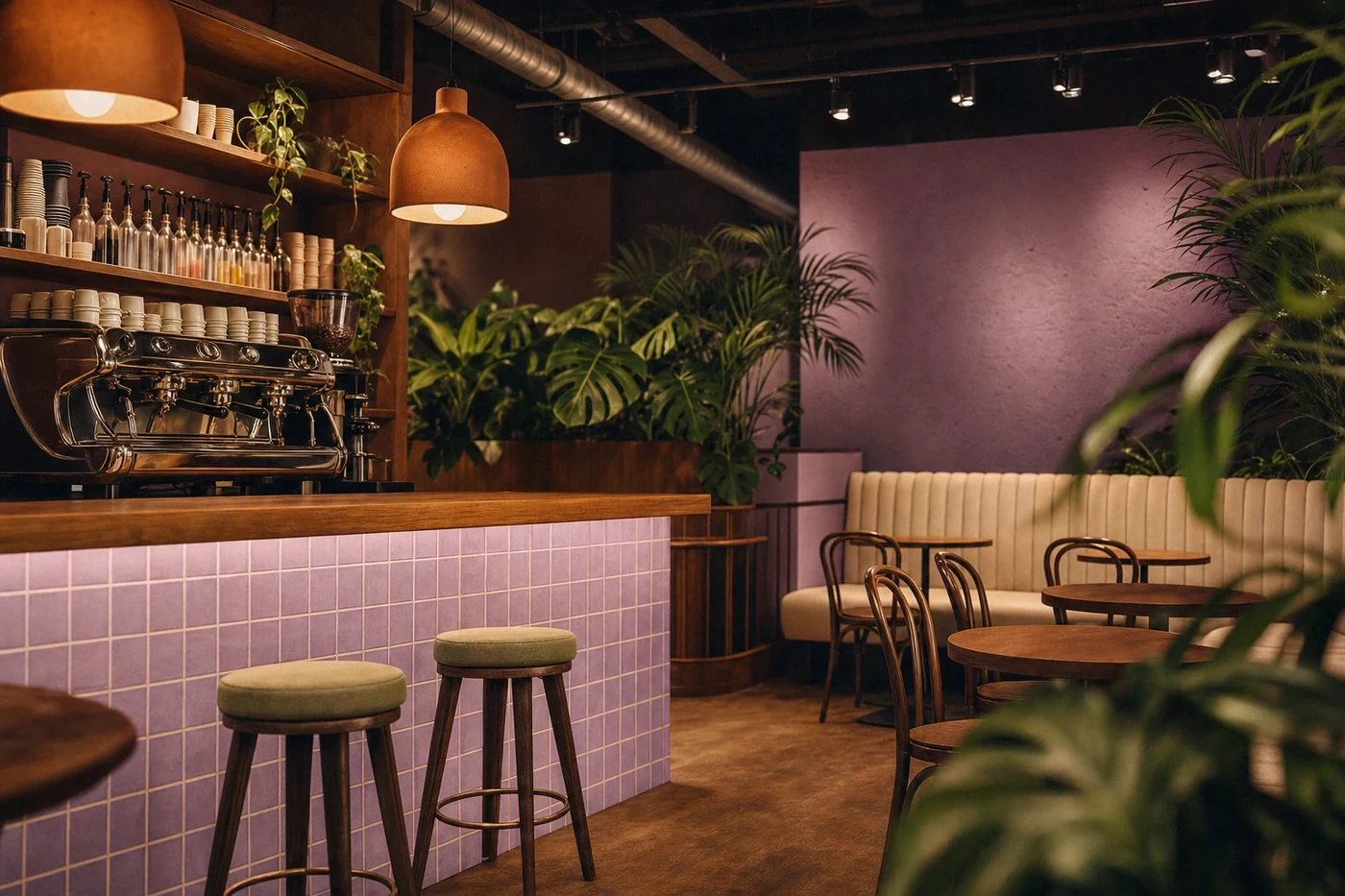 The Offcut Café counter with its lilac tiled front and espresso machine, cream booth seating and indoor palms beyond, inside Putt House Ahmedabad