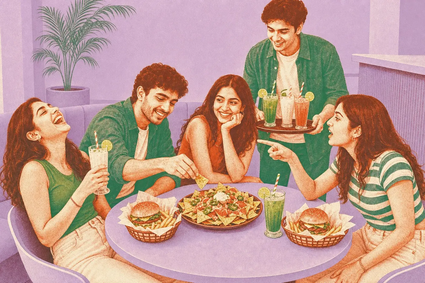 Illustrated group of five friends sharing nachos, burgers and mocktails around a table at Offcut Café, Putt House Ahmedabad