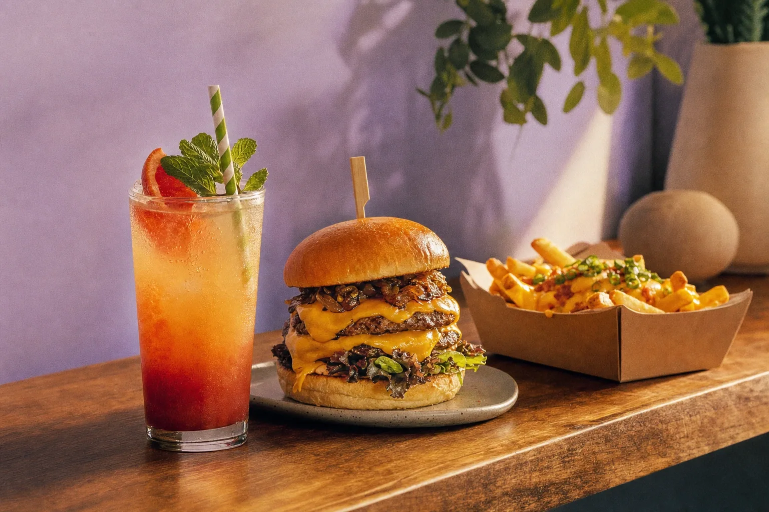 Nachos, a burger, garlic bread, and mocktails spread across a table at Offcut Café