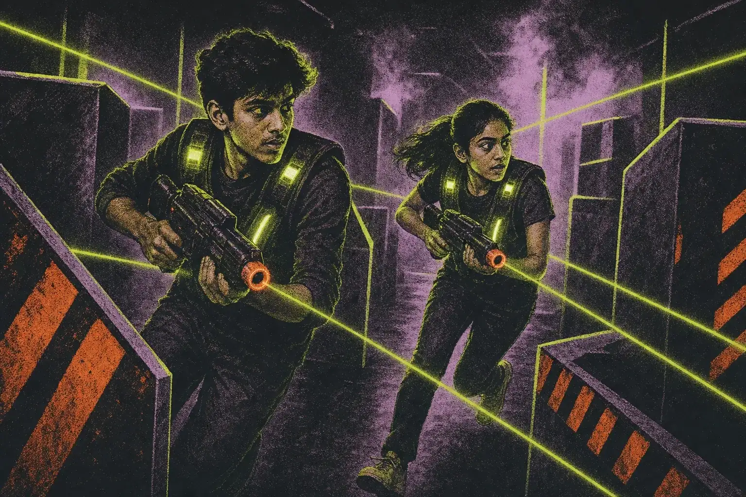 Neon-lit illustration of laser tag players mid-battle between industrial cover walls