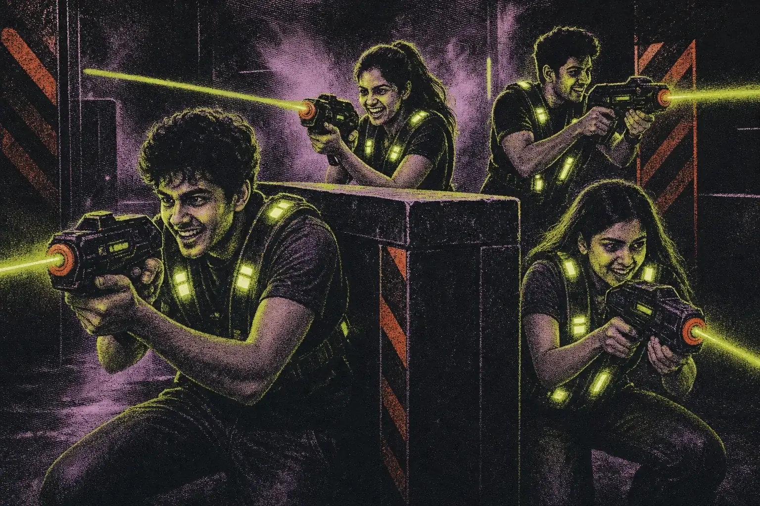 Illustrated players in glowing vests taking cover in the Putt House laser tag arena