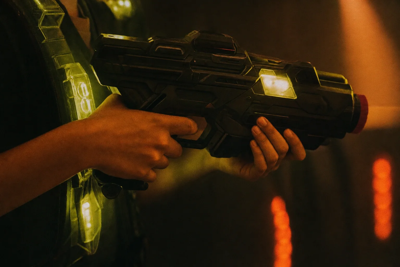 Hands gripping an IR blaster under neon light at the Putt House laser tag arena in Ahmedabad