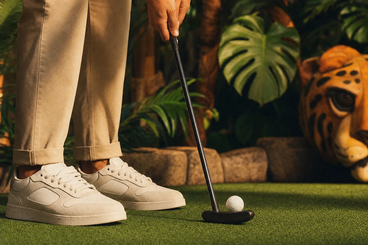 Close-up of a putter and ball on the turf beside a jungle-themed obstacle at Putt House