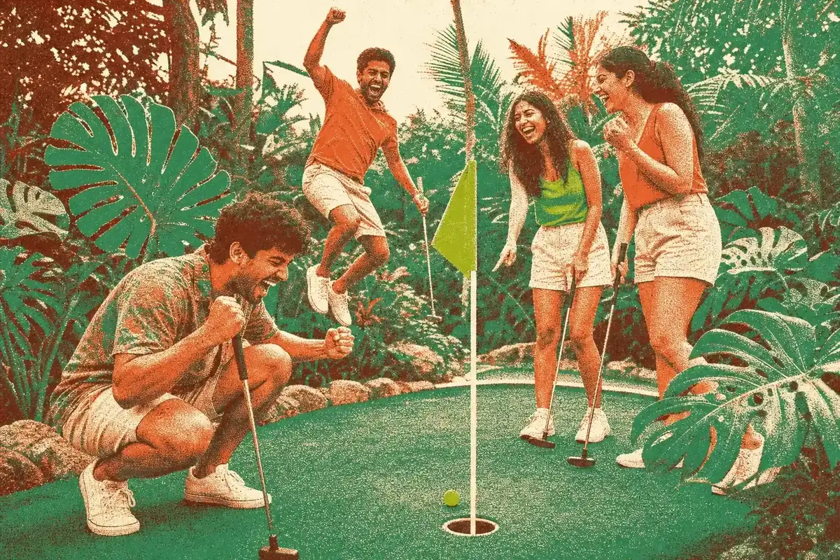 Illustrated friends mid-putt on the Jungle Quest course at Putt House Ahmedabad